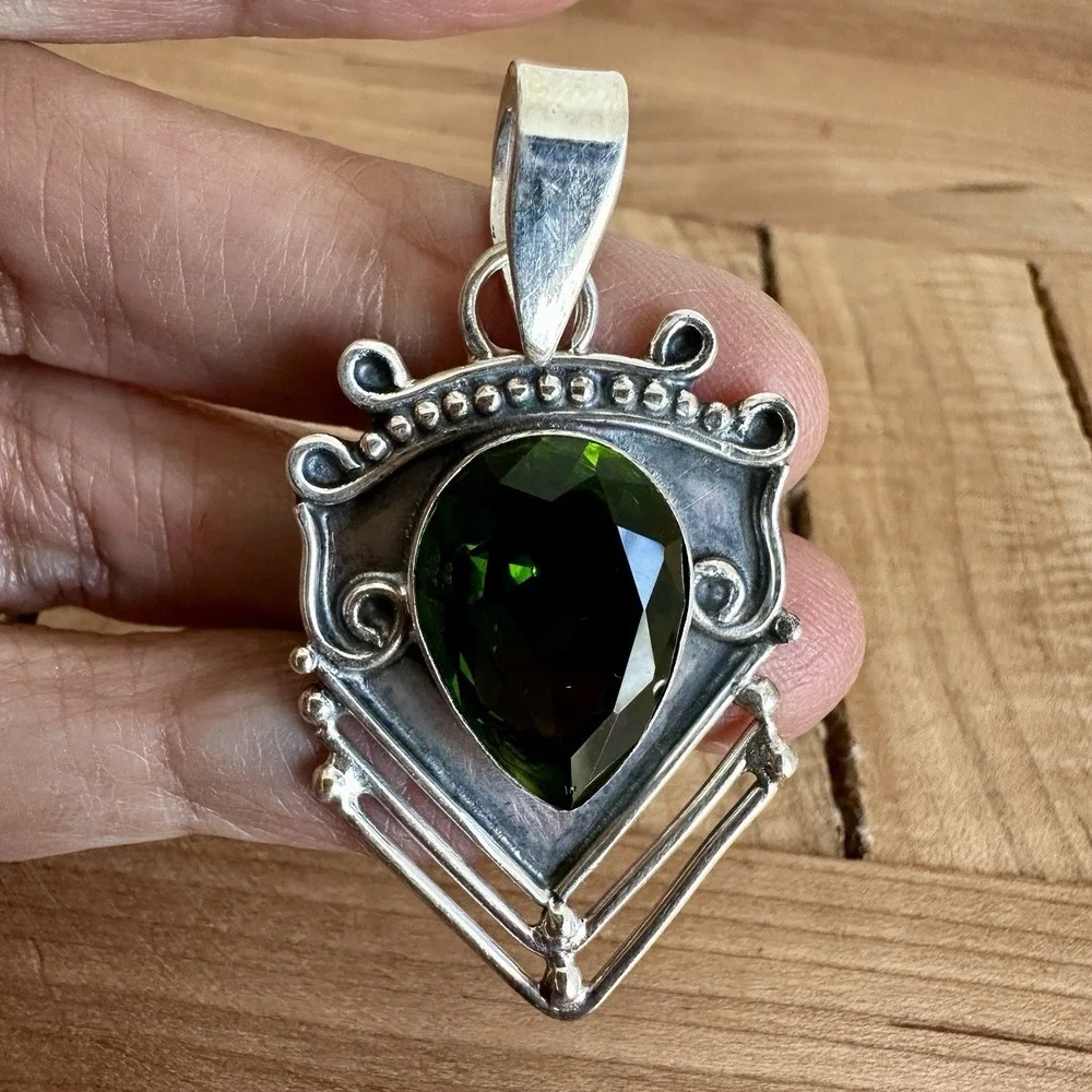 Vintage Brutalist Artisan Pendant 2 Inch Green Lab Peridot Gem 925 Sterling 7.7g